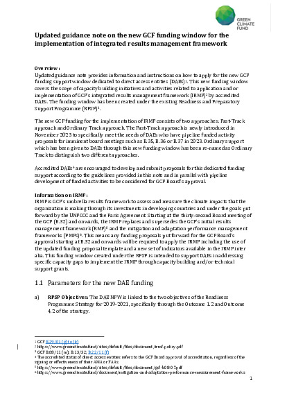Download Updated guidance note on the new GCF funding window for the implementation of integrated results management framework Document cover for Updated guidance note on the new GCF funding window for the implementation of integrated results management framework