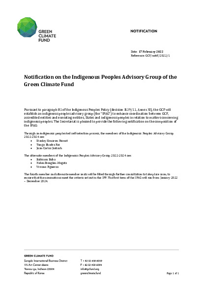 Document cover for Notification on the Indigenous Peoples Advisory Group of the Green Climate Fund