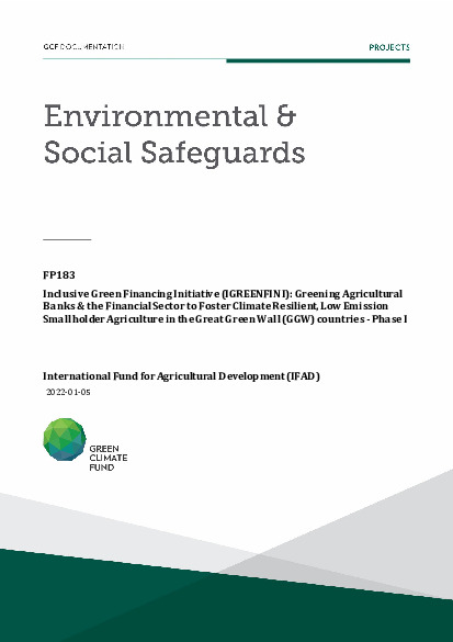 Document cover for Environmental and social safeguards (ESS) report for FP183: Inclusive Green Financing Initiative (IGREENFIN I): Greening Agricultural Banks & the Financial Sector to Foster Climate Resilient, Low Emission Smallholder Agriculture in the Great Green Wall (GGW) countries - Phase I