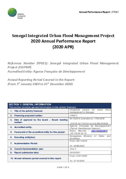 Document cover for 2020 Annual Performance Report for FP021: Senegal Integrated Urban Flood Management Project
