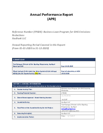 Document cover for 2020 Annual Performance Report for FP028: MSME Business Loan Program for GHG Emission Reduction