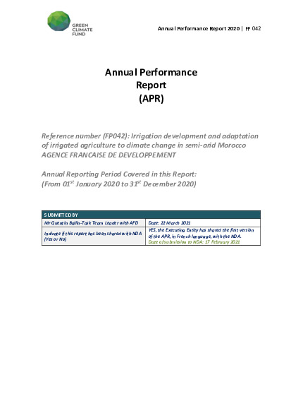 Document cover for 2020 Annual Performance Report for FP042: Irrigation development and adaptation of irrigated agriculture to climate change in semi-arid Morocco