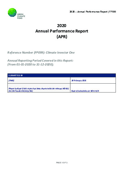 Document cover for 2020 Annual Performance Report for FP099: Climate Investor One