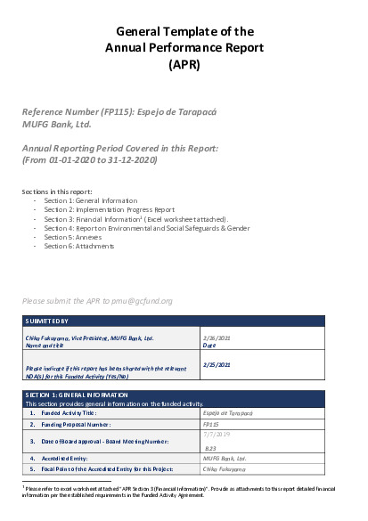 Document cover for 2020 Annual Performance Report for FP115: Espejo de Tarapacá