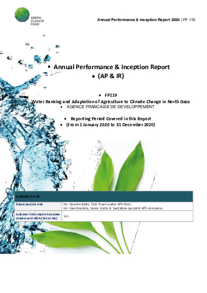 Download 2020 Annual Performance Report for FP119: Water Banking and Adaptation of Agriculture to Climate Change in Northern Gaza Document cover for 2020 Annual Performance Report for FP119: Water Banking and Adaptation of Agriculture to Climate Change in Northern Gaza