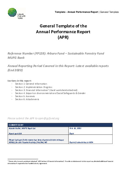 Document cover for 2020 Annual Performance Report for FP128: Arbaro Fund – Sustainable Forestry Fund
