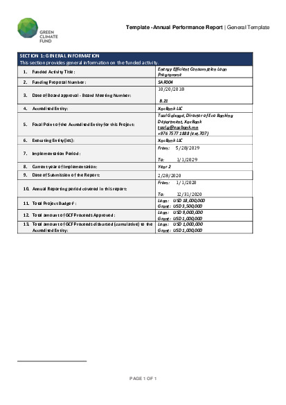 Document cover for 2020 Annual Performance Report for SAP004: Energy Efficient Consumption Loan Programme