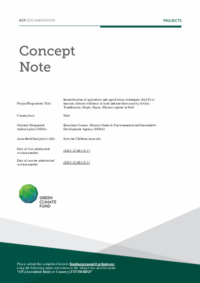 Document cover for Intensification of agriculture and agroforestry techniques (IAAT) to increase climate resilience of food and nutrition security in Gao, Toumboutou, Mopti, Segou, Sikasso regions in Mali