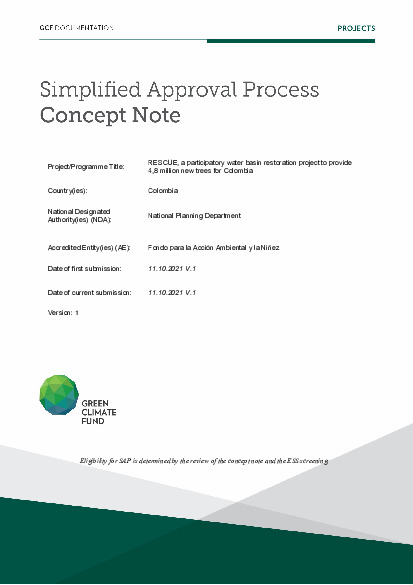 Document cover for RESCUE, a participatory water basin restoration project to provide 4,8 million new trees for Colombia