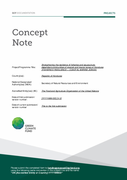 Document cover for Strengthening the resilience of fisheries and aquaculture- dependent communities of coastal and insular zones of Honduras (FISHERIES RESILIENCE – COASTAL MARINE ZONES)