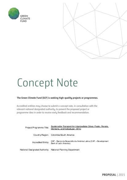 Document cover for Sustainable Transport for Intermediate Cities: Pasto, Pereira, Monteria, Valledupar (STIC Program)