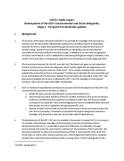 Download Call for Public Inputs: Development of the GCF’s Environmental and Social Safeguards - Stage 2: Proposed ESS standards updates Document cover for Call for Public Inputs: Development of the GCF’s Environmental and Social Safeguards - Stage 2: Proposed ESS standards updates