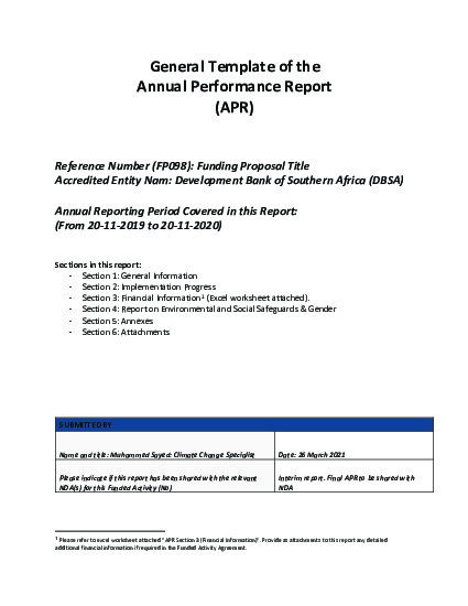 Document cover for  2020 Annual Performance Report for FP098: DBSA Climate Finance Facility