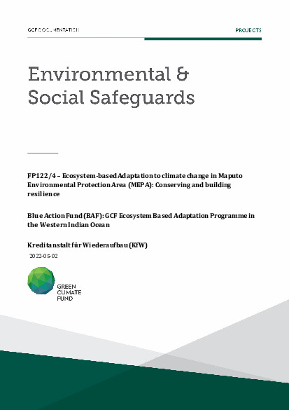 Document cover for Environmental and social safeguards (ESS) report for FP122: Blue Action Fund (BAF) - Ecosystem-based Adaptation to climate change in Maputo Environmental Protection Area (MEPA): Conserving and building resilience