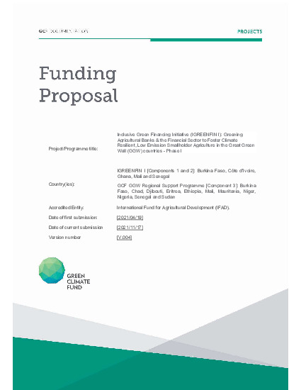 Document cover for Inclusive Green Financing Initiative (IGREENFIN I): Greening Agricultural Banks & the Financial Sector to Foster Climate Resilient, Low Emission Smallholder Agriculture in the Great Green Wall (GGW) countries - Phase I