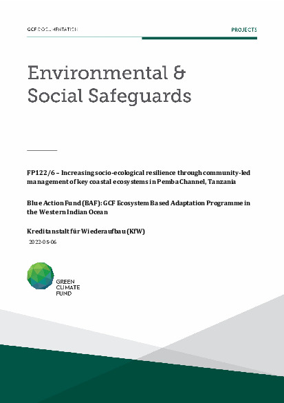 Document cover for Environmental and social safeguards (ESS) report for FP122: Blue Action Fund (BAF) - Increasing socio-ecological resilience through community-led management of key coastal ecosystems in Pemba Channel, Tanzania