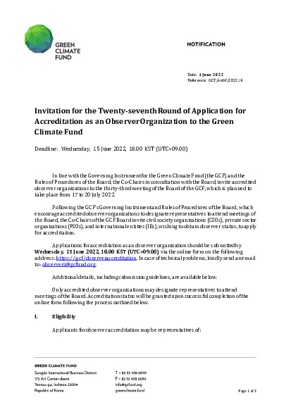 Document cover for Invitation for the Twenty-seventh Round of Application for Accreditation as an Observer Organization to the Green Climate Fund