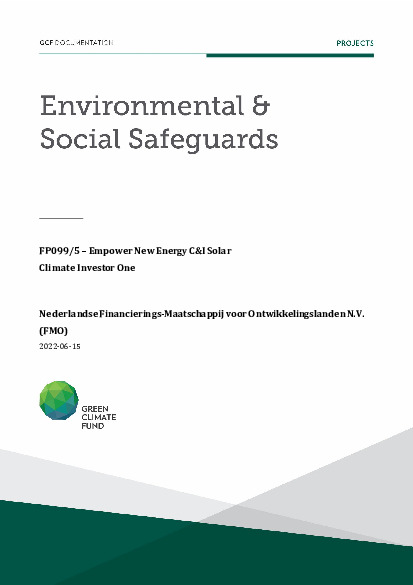 Document cover for Environmental and social safeguards (ESS) report for FP099: Climate Investor One - Empower New Energy C&I Solar