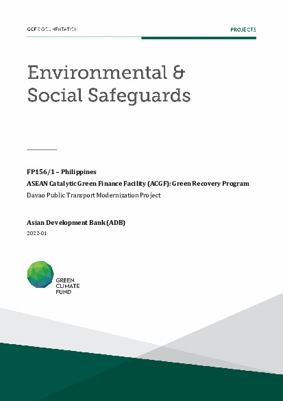 Document cover for Environmental and social safeguards (ESS) report for FP156: ASEAN Catalytic Green Finance Facility (ACGF) - Davao Public Transport Modernization Project