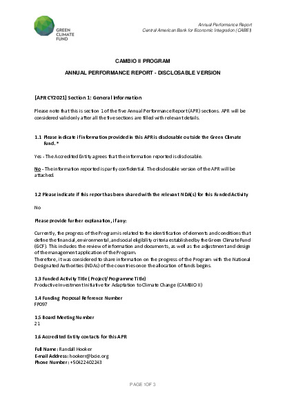 Document cover for 2020 Annual Performance Report for FP097: Productive Investment Initiative for Adaptation to Climate Change (CAMBio II)