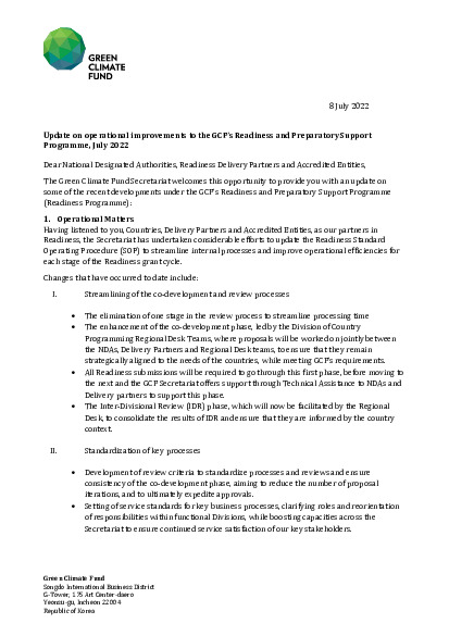 Download Update on operational improvements to the GCFs Readiness and Preparatory Support Programme Document cover for Update on operational improvements to the GCFs Readiness and Preparatory Support Programme