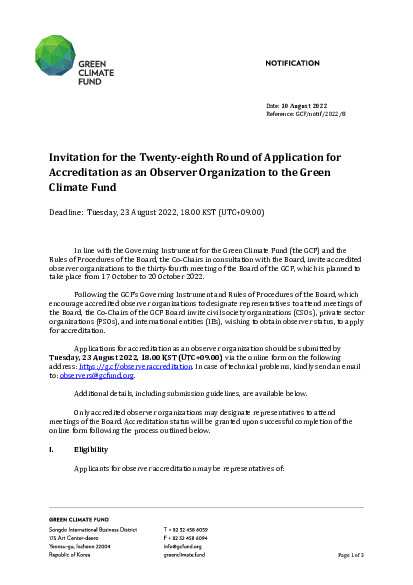 Document cover for Invitation for the Twenty-eighth Round of Application for Accreditation as an Observer Organization to the Green Climate Fund