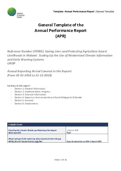 Document cover for 2018 Annual Performance Report for FP002: Scaling up the use of Modernized Climate information and Early Warning Systems in Malawi