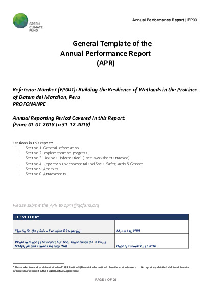 Document cover for 2018 Annual Performance Report for FP001: Building the Resilience of Wetlands in the Province of Datem del Marañón, Peru