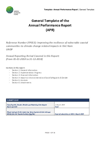 Document cover for 2018 Annual Performance Report for FP013: Improving the resilience of vulnerable coastal communities to climate change related impacts in Viet Nam