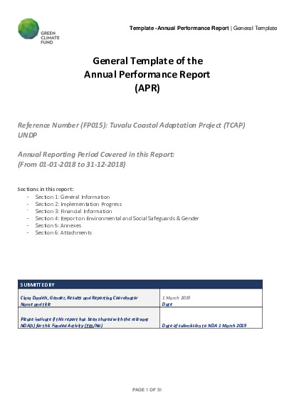 Document cover for 2018 Annual Performance Report for FP015: Tuvalu Coastal Adaptation Project (TCAP)