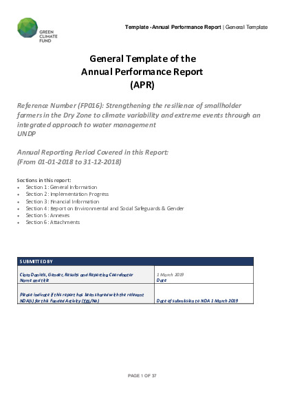 Document cover for 2018 Annual Performance Report for FP016: Strengthening the resilience of smallholder farmers in the Dry Zone to climate variability and extreme events through an integrated approach to water management