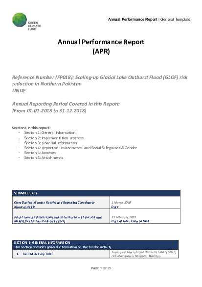 Document cover for 2018 Annual Performance Report for FP018: Scaling-up of Glacial Lake Outburst Flood (GLOF) risk reduction in Northern Pakistan
