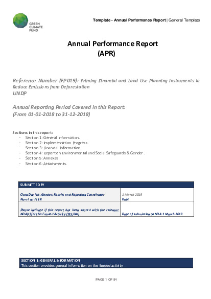 Document cover for 2018 Annual Performance Report for FP019: Priming Financial and Land Use Planning Instruments to Reduce Emissions from Deforestations