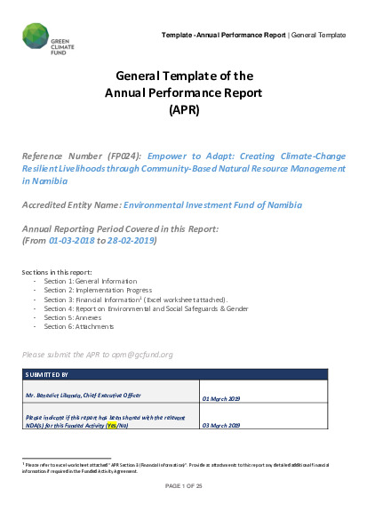 Document cover for 2018 Annual Performance Report for FP024: Enpower to Adapt: Creating Climate-Change Resilient Livelihoods through Community-Based Natural Resource Management (CBNRM) in Namibia