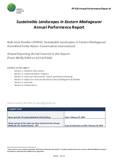 Document cover for 2018 Annual Performance Report for FP026: Sustainable Landscapes in Eastern Madagascar