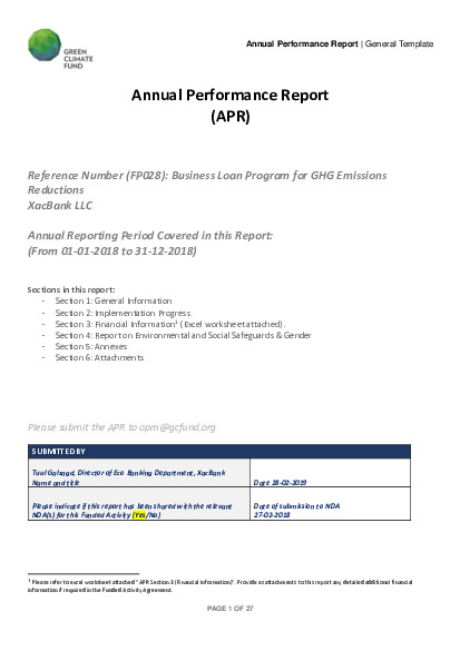 Document cover for 2018 Annual Performance Report for FP018: MSME Business Loan Program for GHG Emission Reduction