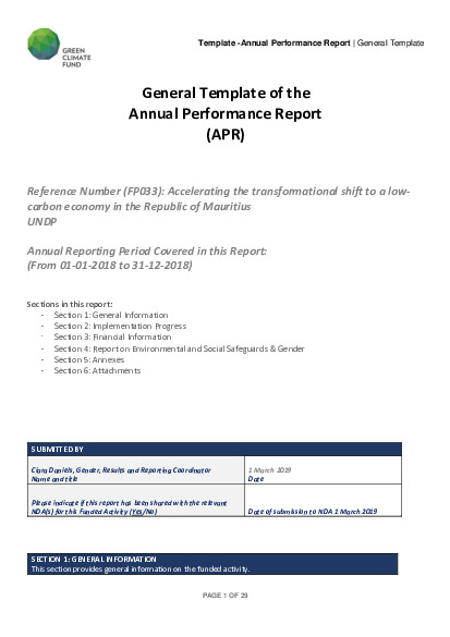 Document cover for 2018 Annual Performance Report for FP033: Accelerating the transformational shift to a low-carbon economy in the Republic of Mauritius