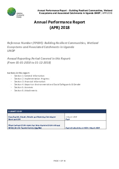 Document cover for 2018 Annual Performance Report for FP034: Building Resilient Communities, Wetland Ecosystems and Associated Catchments in Uganda