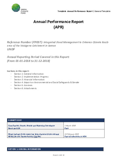 Document cover for 2018 Annual Performance Report for FP037: Integrated Flood Management to Enhance Climate Resilience of the Vaisigano River Catchment in Samoa