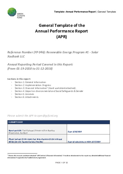 Document cover for 2018 Annual Performance Report for FP046: Renewable Energy Program #1 - Solar