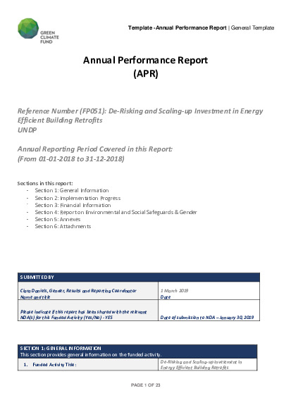 Document cover for 2018 Annual Performance Report for FP051: Scaling-up Investment in Low-Carbon Public Buildings