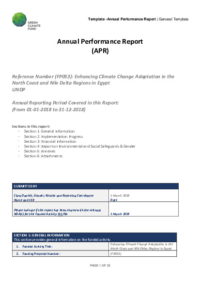 Document cover for 2018 Annual Performance Report for FP053: Enhancing climate change adaptation in the North coast and Nile Delta Regions in Egypt