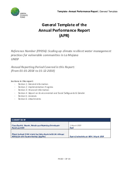 Document cover for 2018 Annual Performance Report for FP056: Scaling up climate resilient water management practices for vulnerable communities in La Mojana