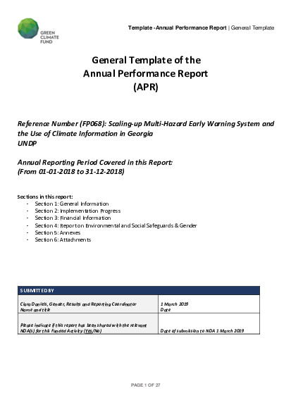 Document cover for 2018 Annual Performance Report for FP068: Scaling-up Multi-Hazard Early Warning System and the Use of Climate Information in Georgia