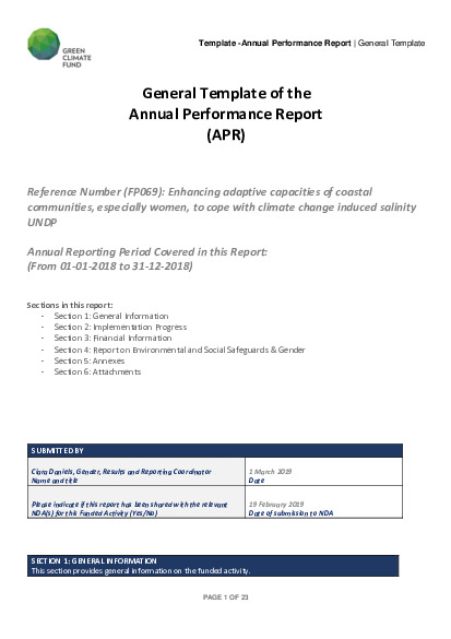 Document cover for 2018 Annual Performance Report for FP069: Enhancing adaptive capacities of coastal communities, especially women, to cope with climate change induced salinity