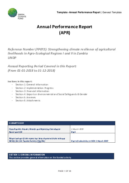 Document cover for 2018 Annual Performance Report for FP072: Strengthening climate resilience of agricultural livelihoods in Agro-Ecological Regions I and II in Zambia