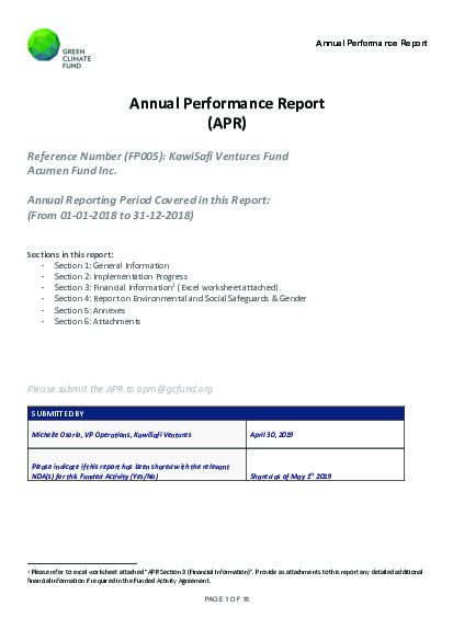 Document cover for 2018 Annual Performance Report for FP005: KawiSafi Ventures Fund