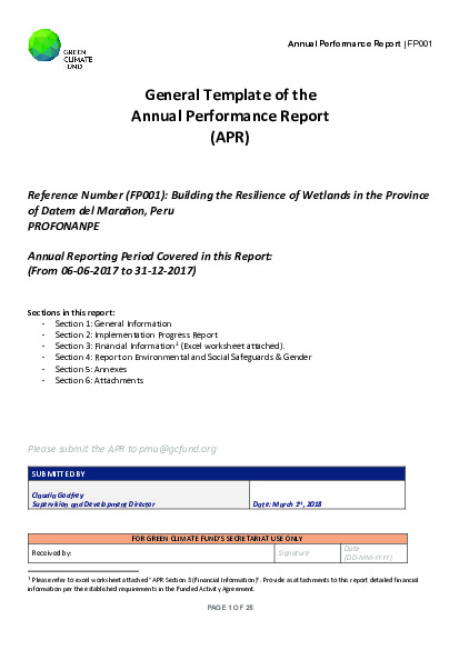 Download 2017 Annual Performance Report for FP001: Building the Resilience of Wetlands in the Province of Datem del Marañón, Peru Document cover for 2017 Annual Performance Report for FP001: Building the Resilience of Wetlands in the Province of Datem del Marañón, Peru
