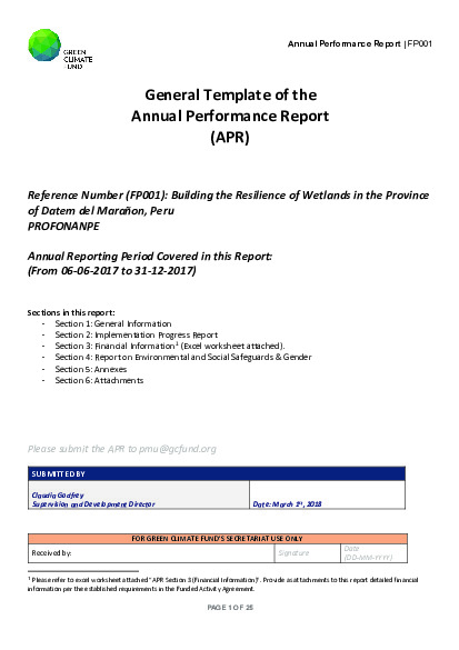 Document cover for 2017 Annual Performance Report for FP001: Building the Resilience of Wetlands in the Province of Datem del Marañón, Peru