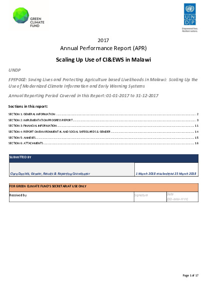 Document cover for 2017 Annual Performance Report for FP002: Scaling up the use of Modernized Climate information and Early Warning Systems in Malawi